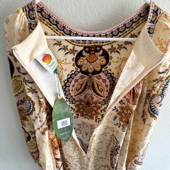 Farm Rio Boho Paisley Midi Dress Beige Long Sleeve Size Medium NWT - Picture 10 of 13